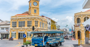 Old Town Phuket and local bus in the morning