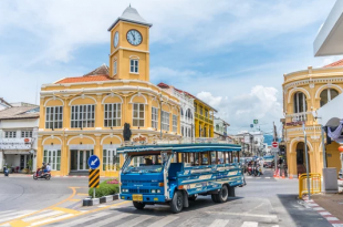 Old Town Phuket and local bus in the morning