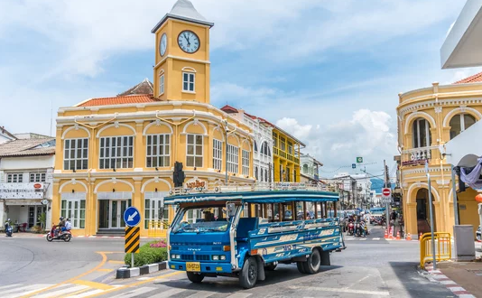 Old Town Phuket and local bus in the morning